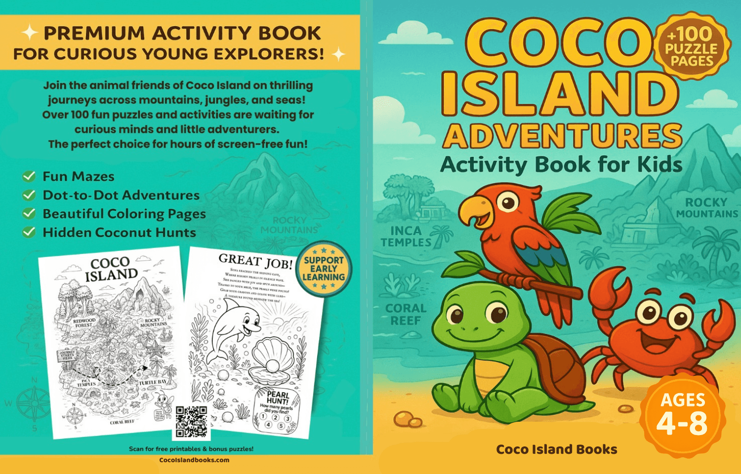 Coco Island Adventures Activity Book cover with tropical animal characters and puzzles for kids aged 5–9