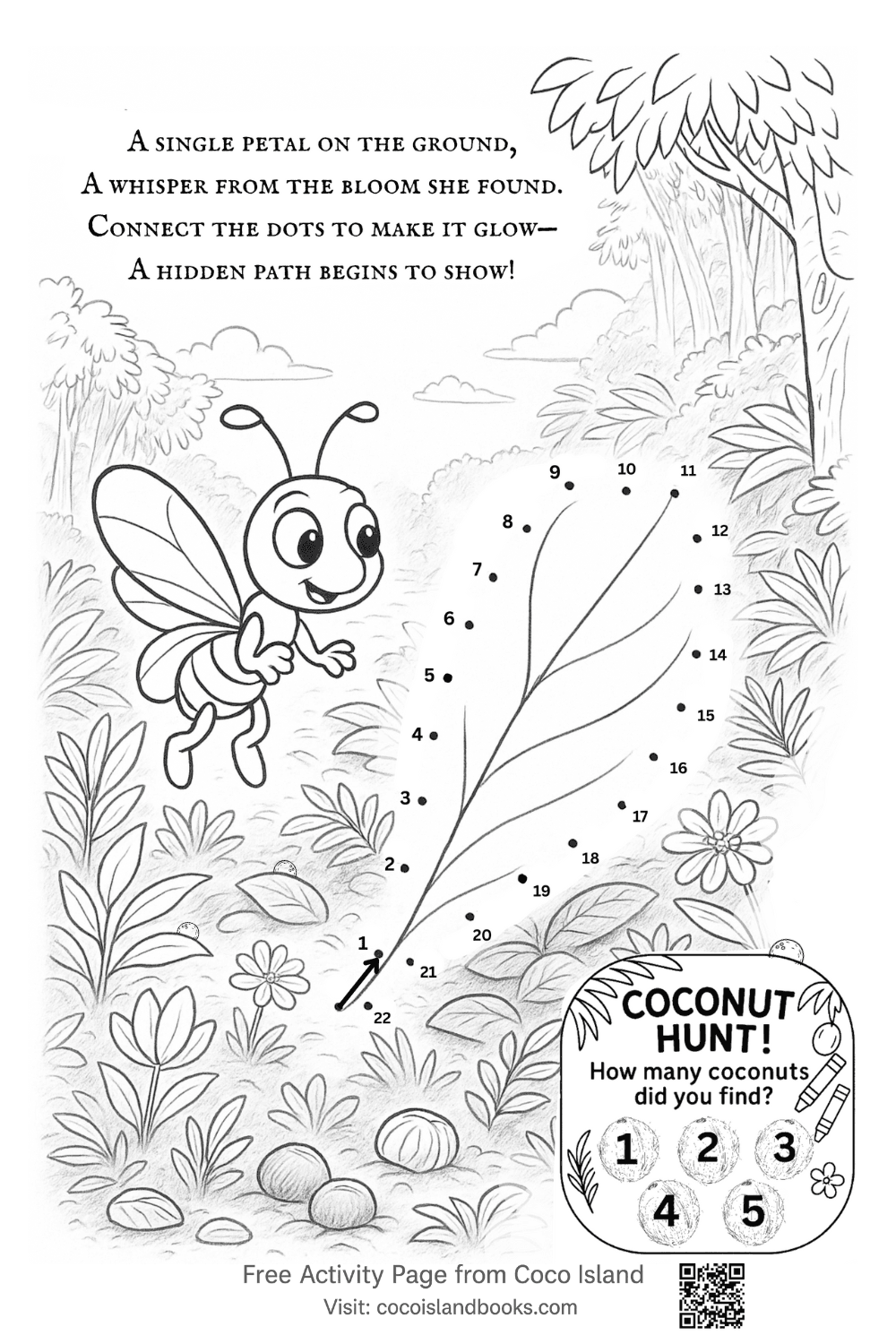 Free printable dot-to-dot coloring page with a forest flower puzzle and a rhyming clue. Includes a coconut hunt. From Coco Island Adventures book.
