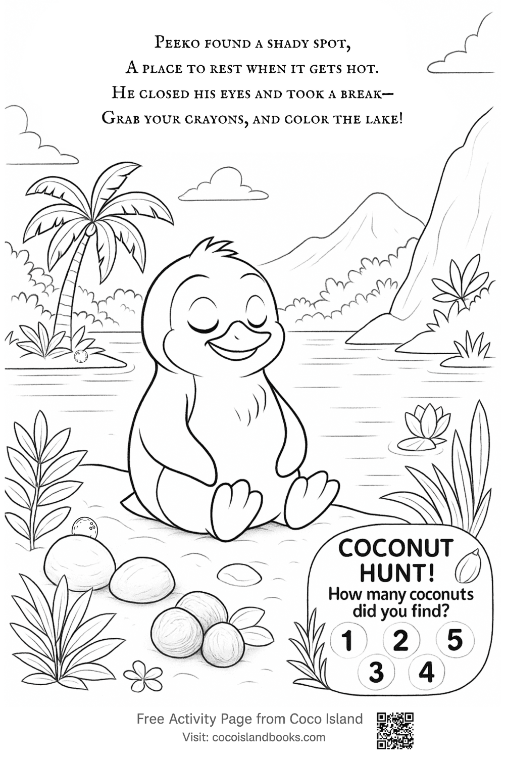 Printable coloring page with Peeko the Penguin resting by a lake, featuring a rhyming poem and a coconut hunt activity. From Coco Island Adventures book