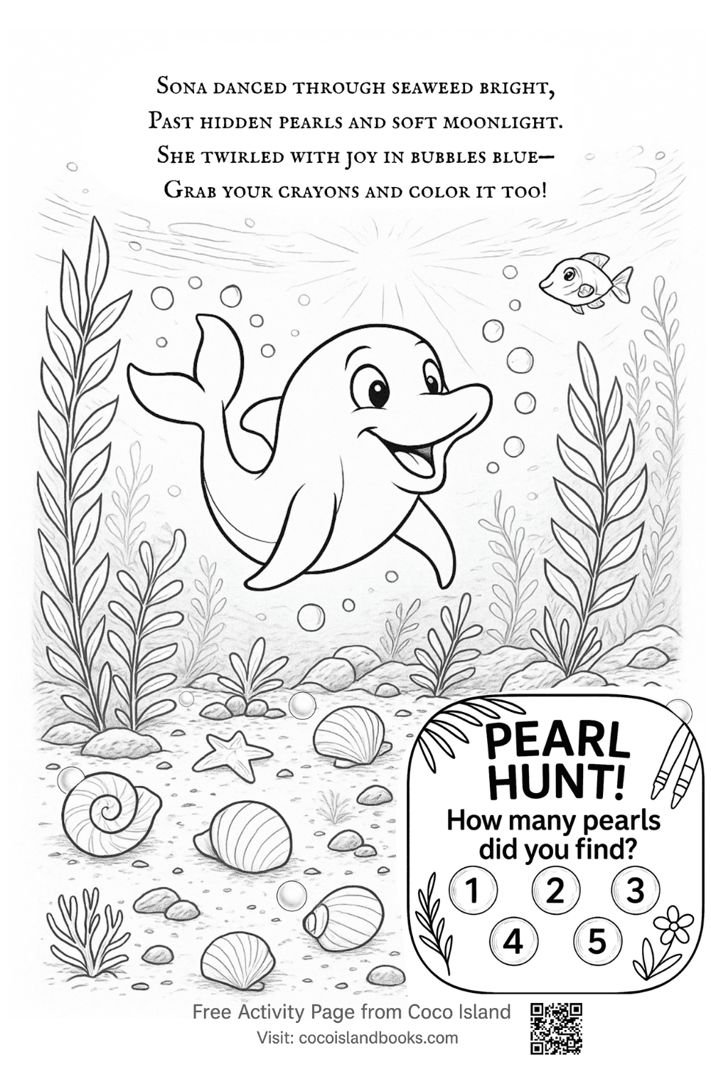 Free printable coloring page featuring Sona the Dolphin swimming underwater with a poem and a pearl hunt game. From Coco Island Adventures book