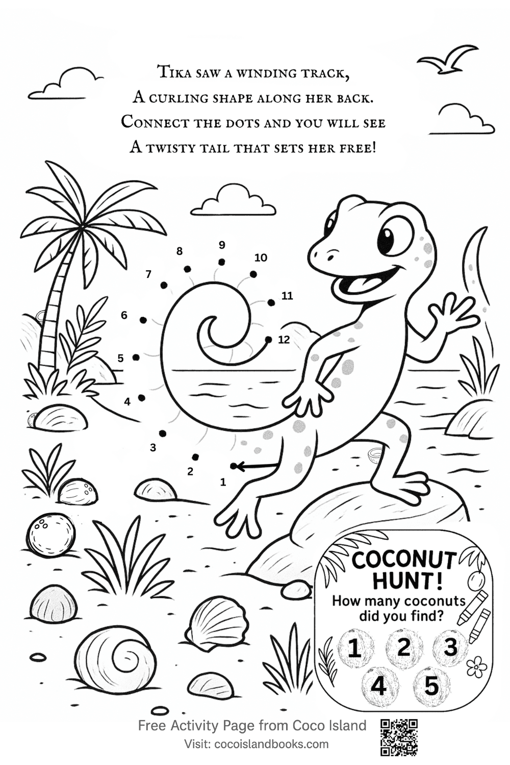 Printable dot-to-dot coloring page featuring Tika the Lizard with a curling tail puzzle and rhyming poem. From Coco Island Adventures book