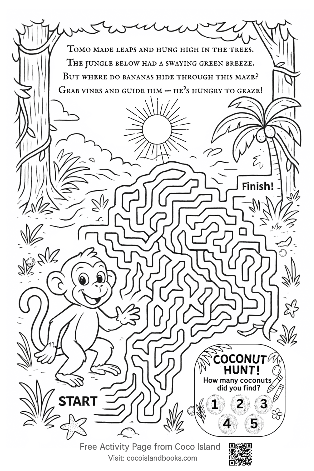 Printable dot-to-dot coloring page featuring Tika the Lizard with a curling tail puzzle and rhyming poem. From Coco Island Adventures book