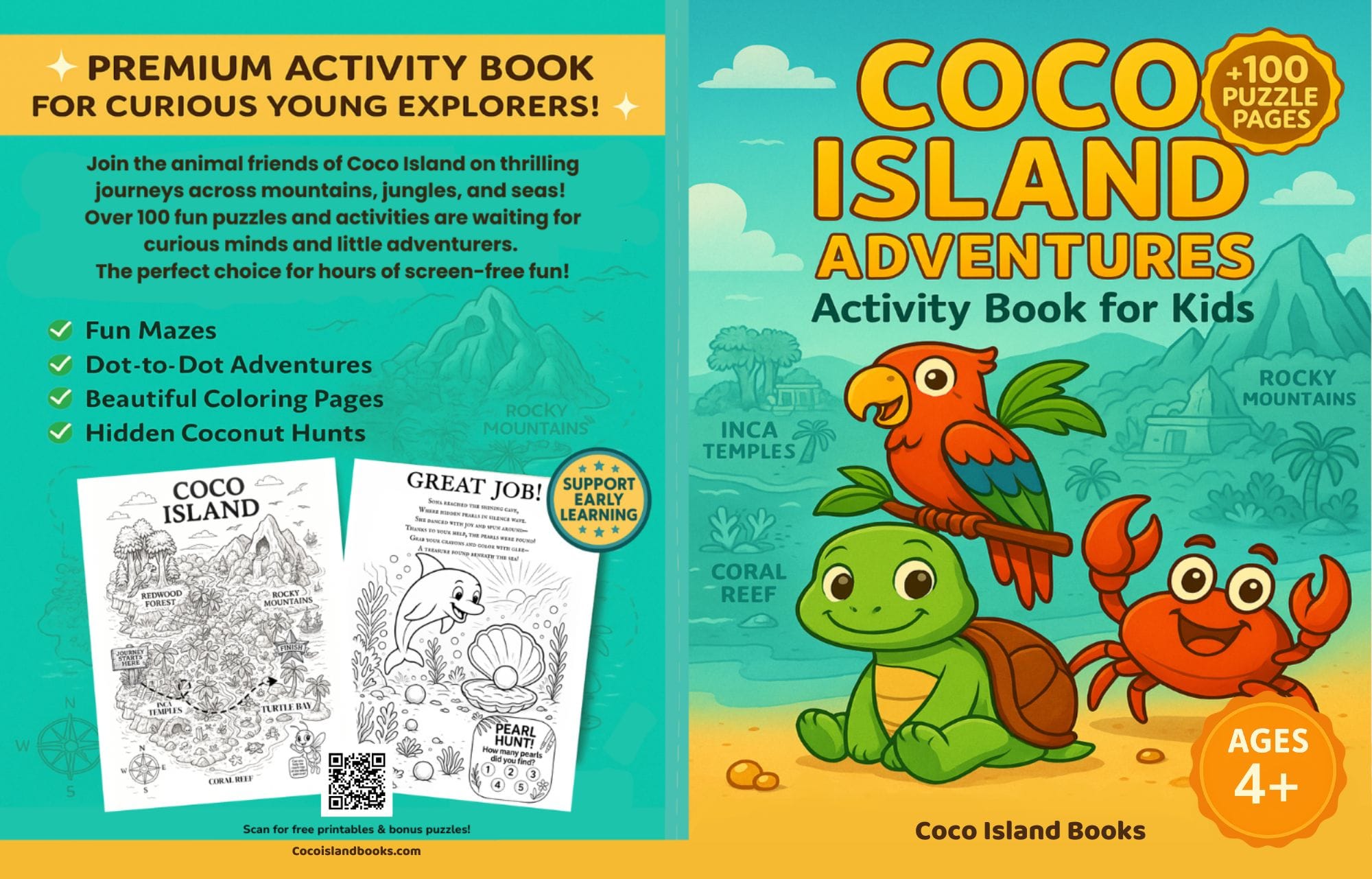 Coco Island Adventures – Activity Book for Kids cover showing a turtle, parrot, and crab with tropical background