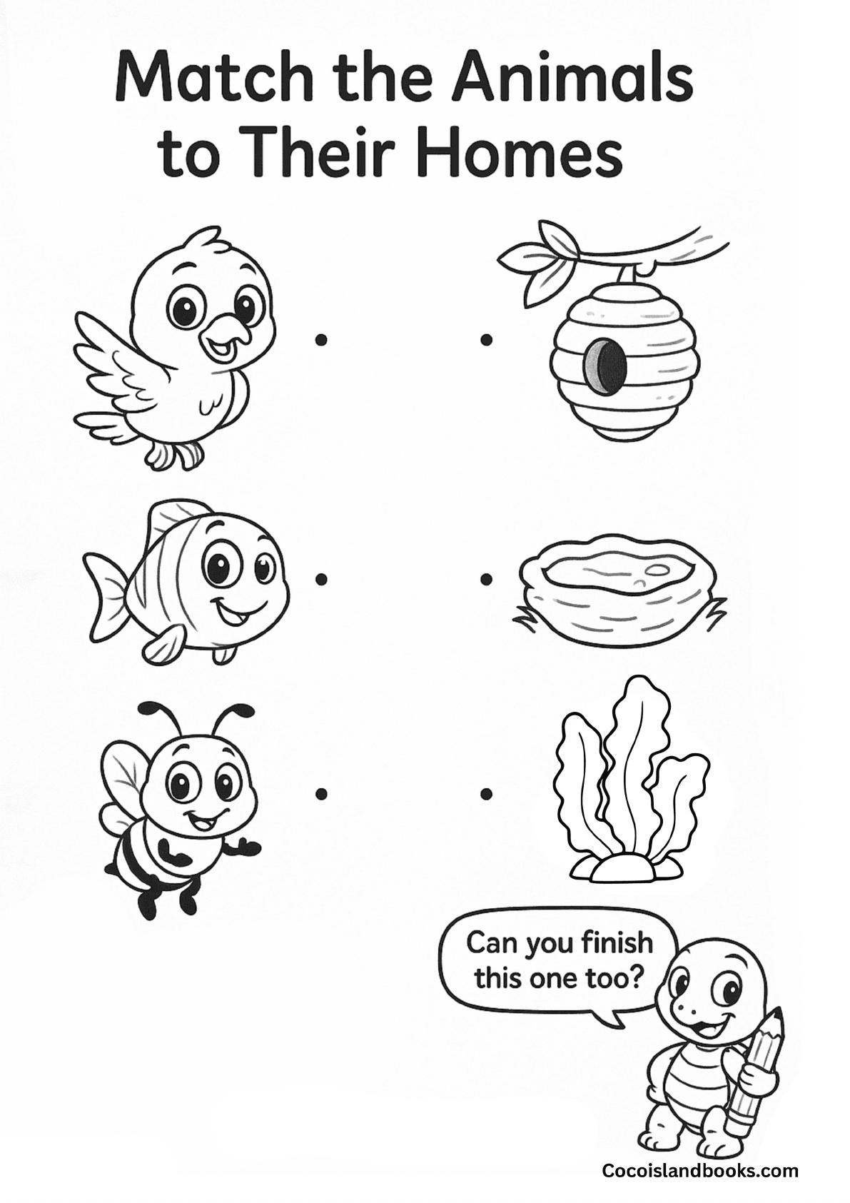 Free animal home matching worksheet for kids – match each animal to its home