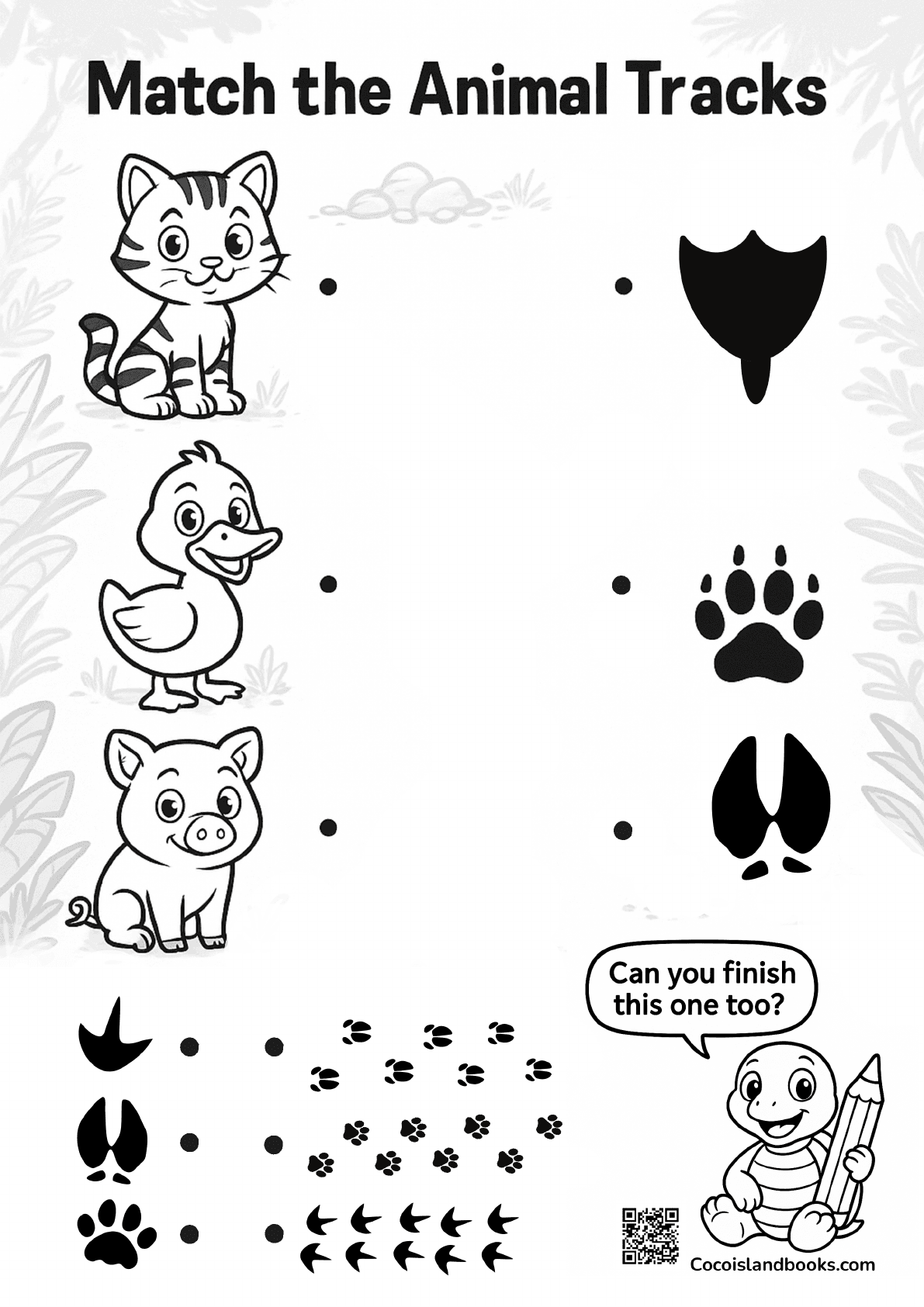 Free animal track matching worksheet for kids – match each footprint to the correct animal