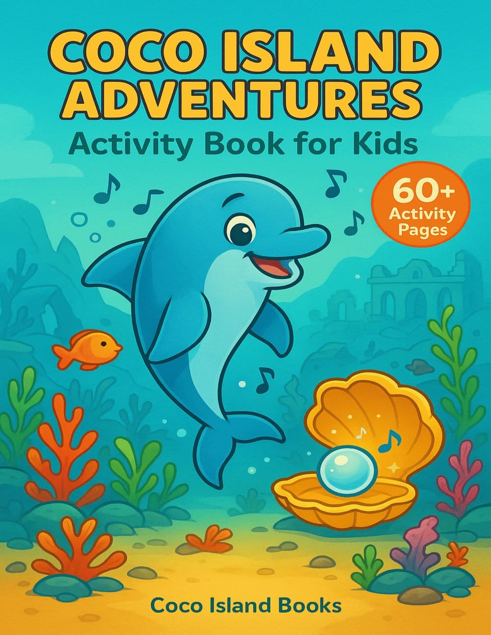 Cover of Coco Island Adventures: Sona's Underwater Quest – A kids’ activity book featuring a dolphin, pearl, and coral reef.