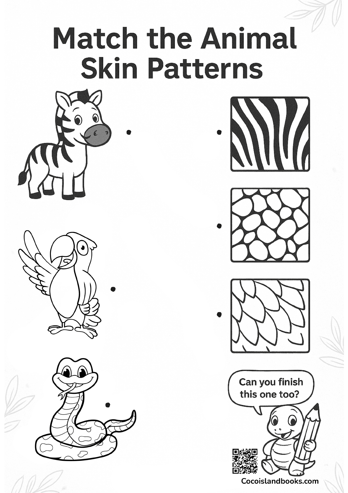 Free animal skin pattern matching worksheet for kids – zebra stripes, snake scales and more