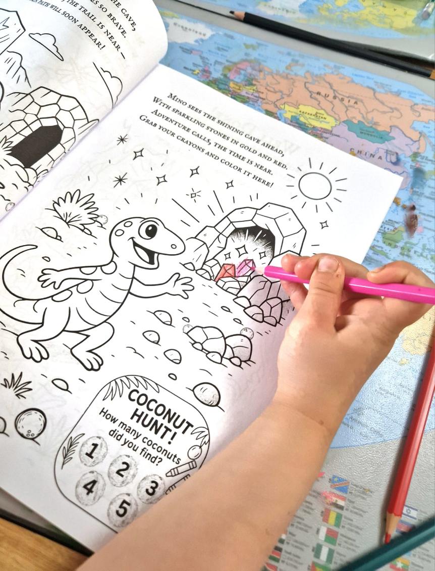 Child coloring a lizard-themed activity page from Coco Island Adventures using a pink pencil, with a world map in the background.
